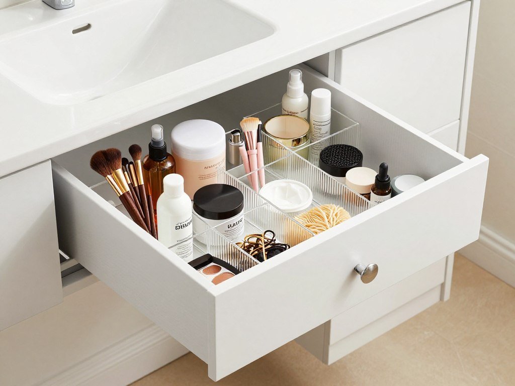 organized bathroom vanity drawer with dividers and compartments