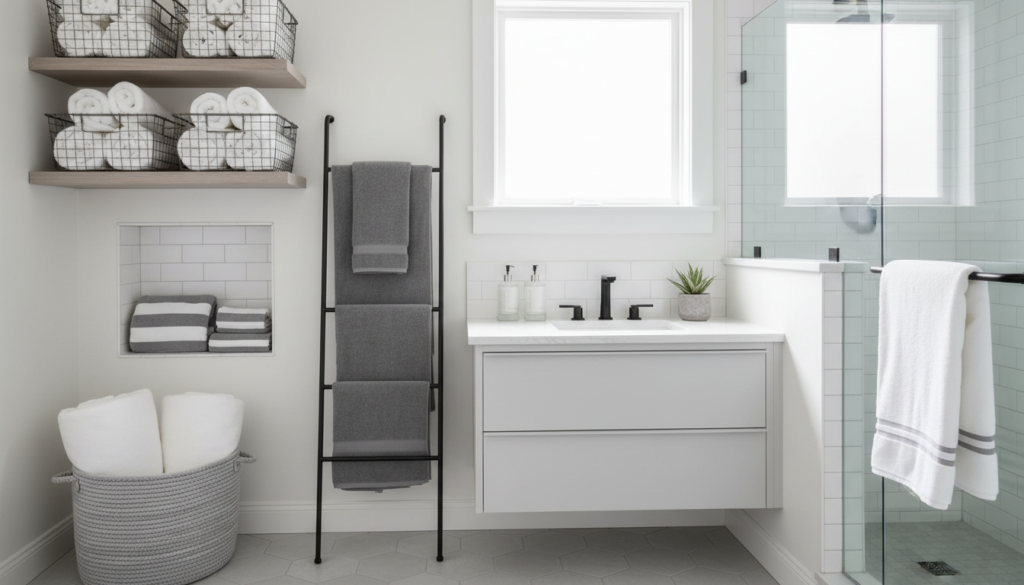 organized bathroom with maintained towel storage system and clean design