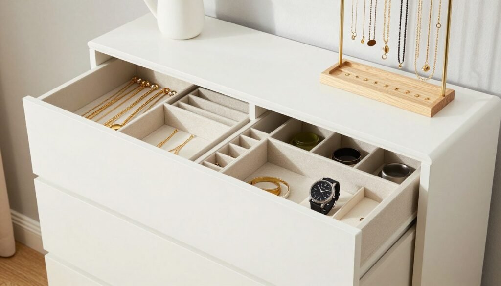 organized bedroom accessories with jewelry organizers and storage solutions