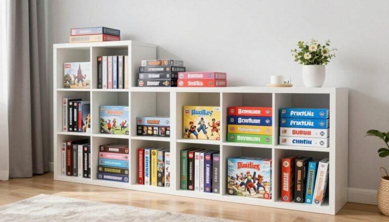 organized board game storage shelves in modern living room