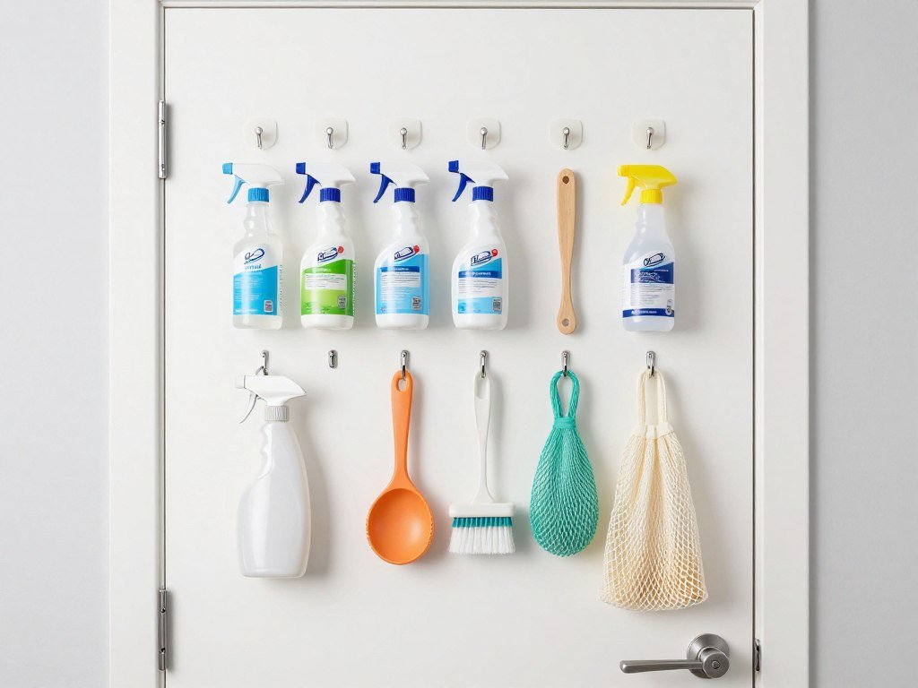 organized cleaning supplies hanging on door hooks in laundry room organized cleaning supplies hanging on door hooks in laundry room