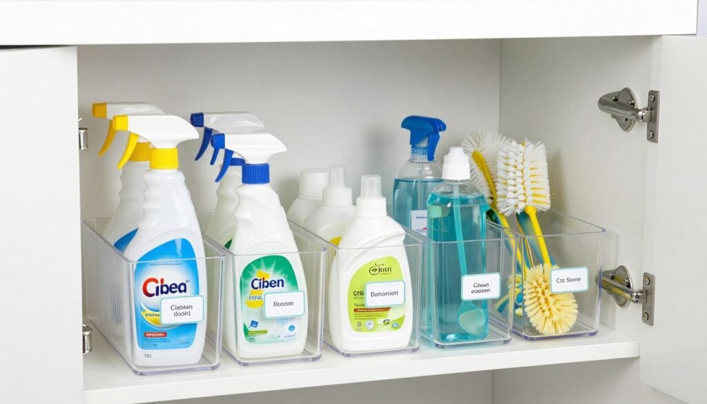 organized cleaning supplies in laundry room