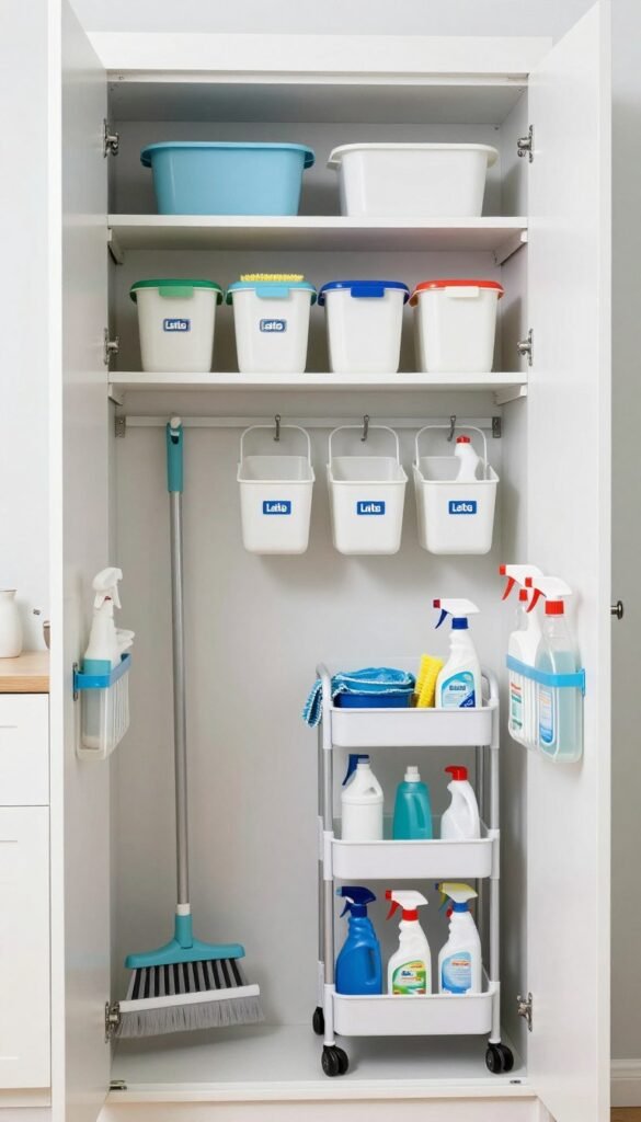 organized cleaning supply cabinet with caddies and hooks organized cleaning supply cabinet with caddies and hooks