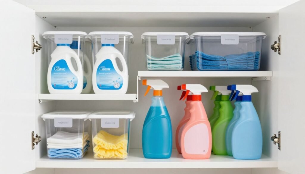 organized cleaning supply cabinet with labeled containers