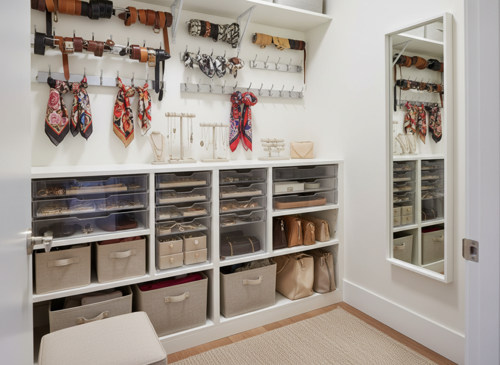 organized closet accessories with hooks, bins, and drawer dividers