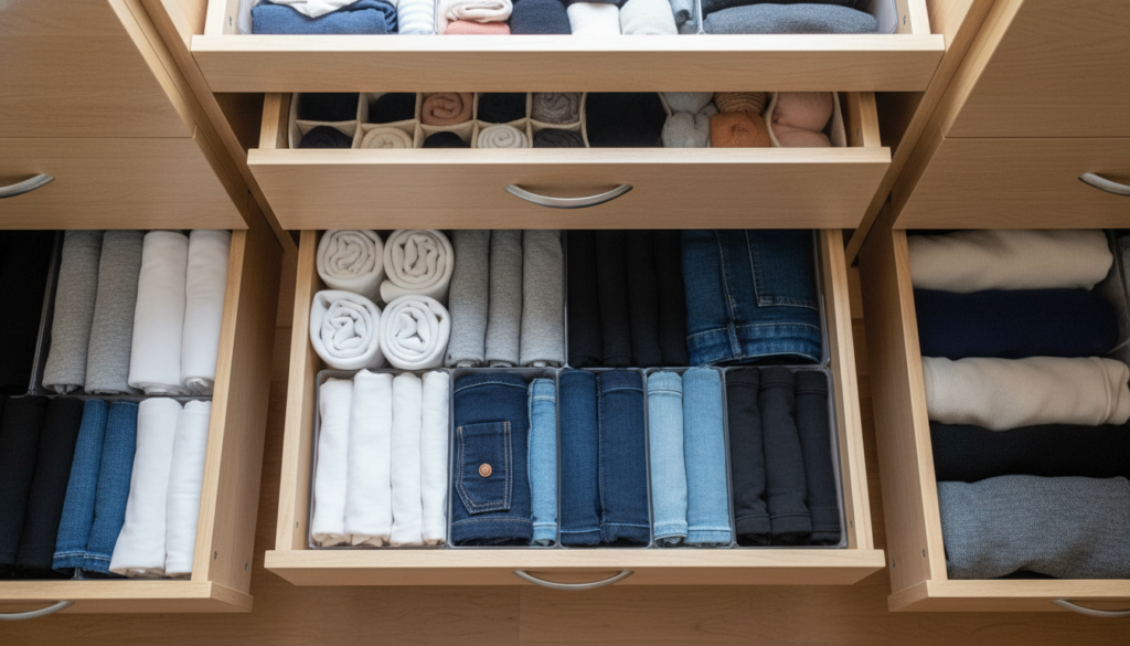 organized closet drawers with dividers and folded clothes
