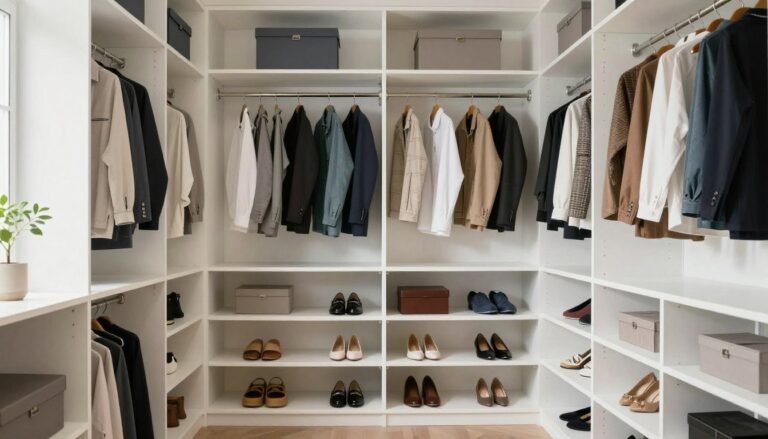 organized closet storage ideas with multiple shelves and hanging solutions