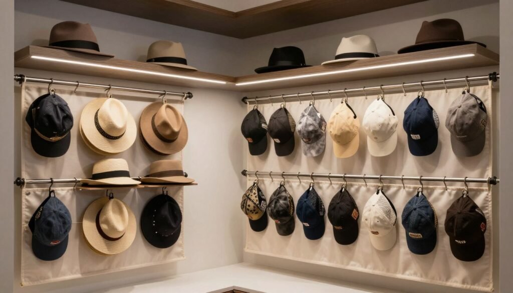 organized closet with hat storage on shelves and hanging organizers