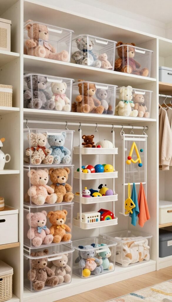 organized closet with stuffed animal storage on shelves and door