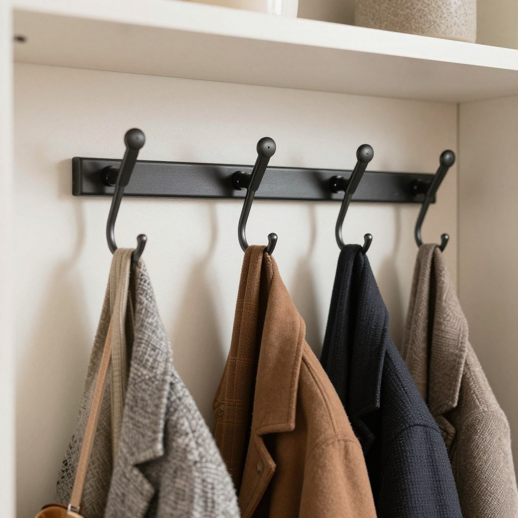 organized coat hooks on hall tree