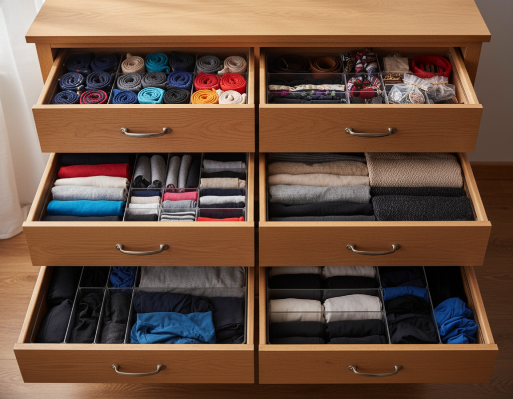organized dresser drawers with dividers and folded clothes