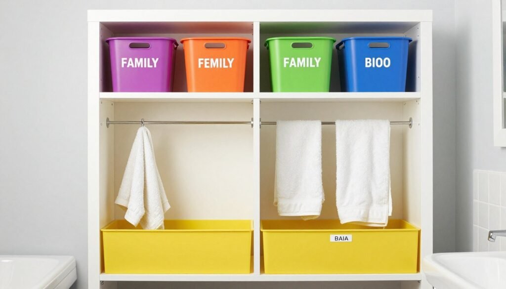 organized family bathroom with personalized storage for each member