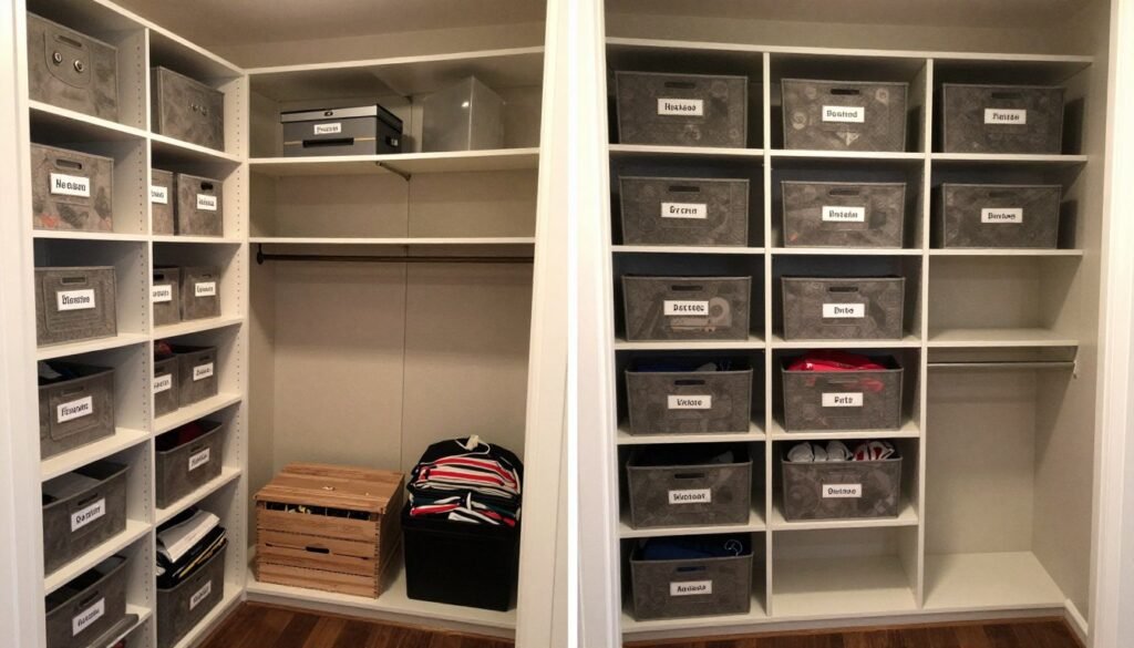 organized game closet with various storage solutions