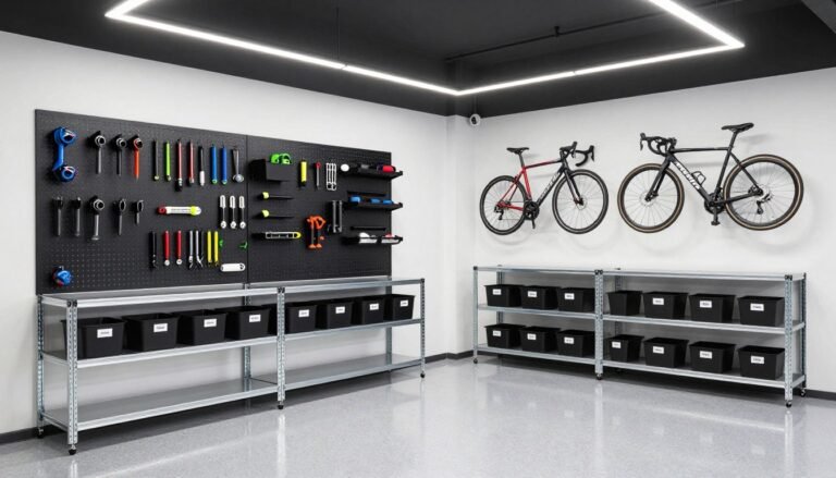 organized garage storage with wall-mounted tools and clear floor space