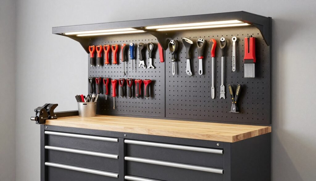 organized garage workbench with storage