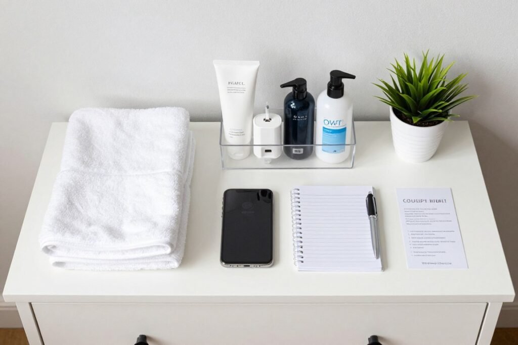 organized guest bedroom amenities displayed on dresser top