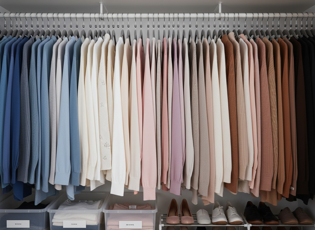 organized hanging clothes with uniform hangers and cascading hooks