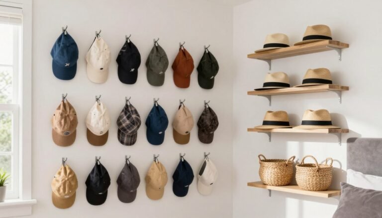 organized hat collection displayed on wall hooks and shelves showing various storage ideas