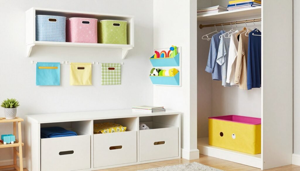 organized kids bedroom with various storage solutions and labeled bins