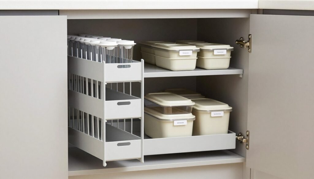 organized kitchen cabinet interior with pull-out shelves and dividers