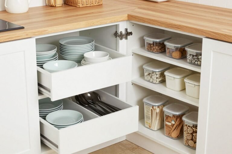 organized kitchen with efficient storage solutions showing cabinets drawers and pantry