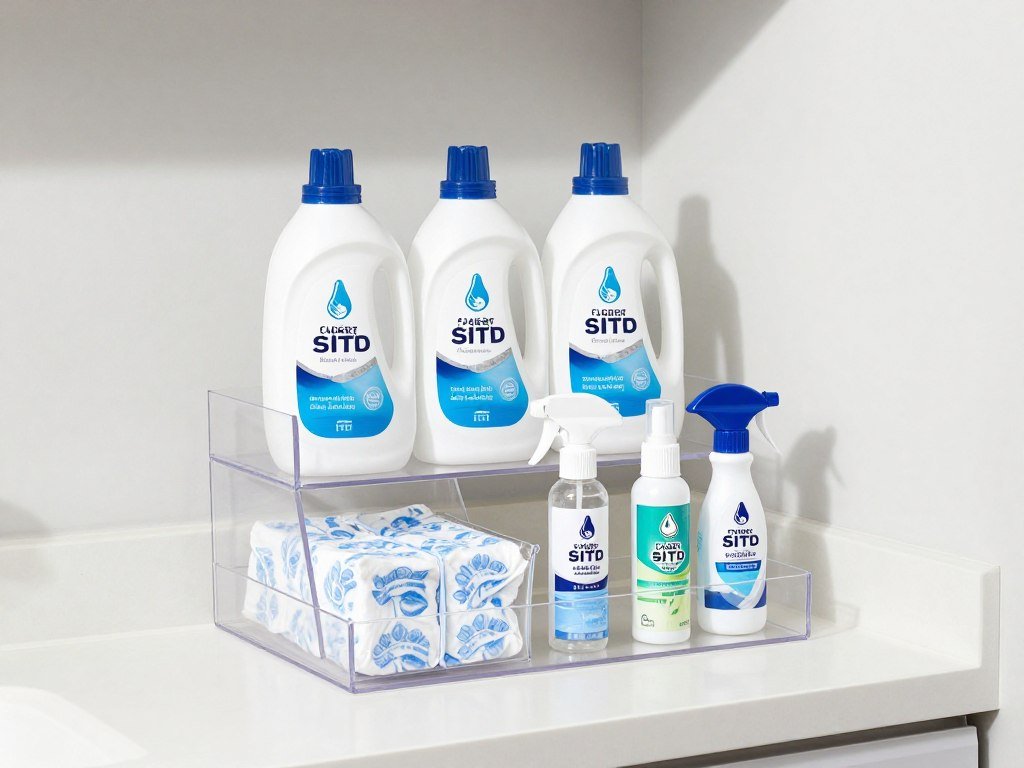 organized laundry countertop with tiered storage