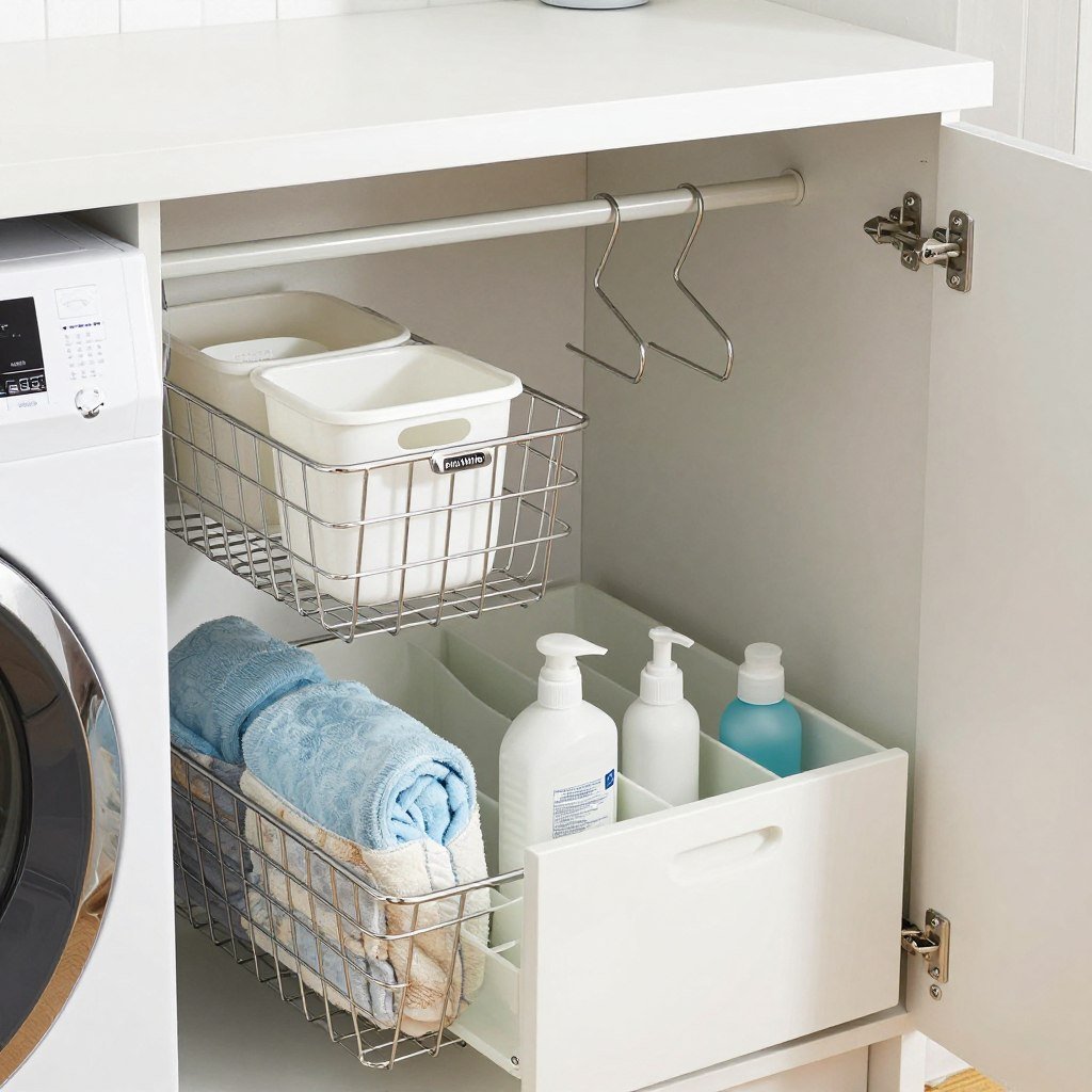 organized laundry room cabinet interior with storage solutions
