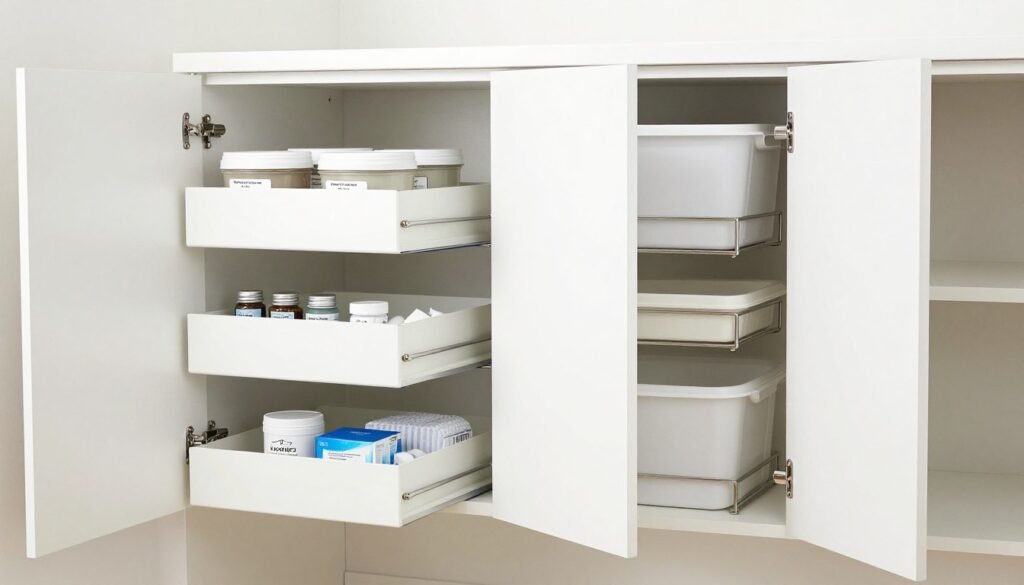 organized laundry room cabinets with pull-out shelving