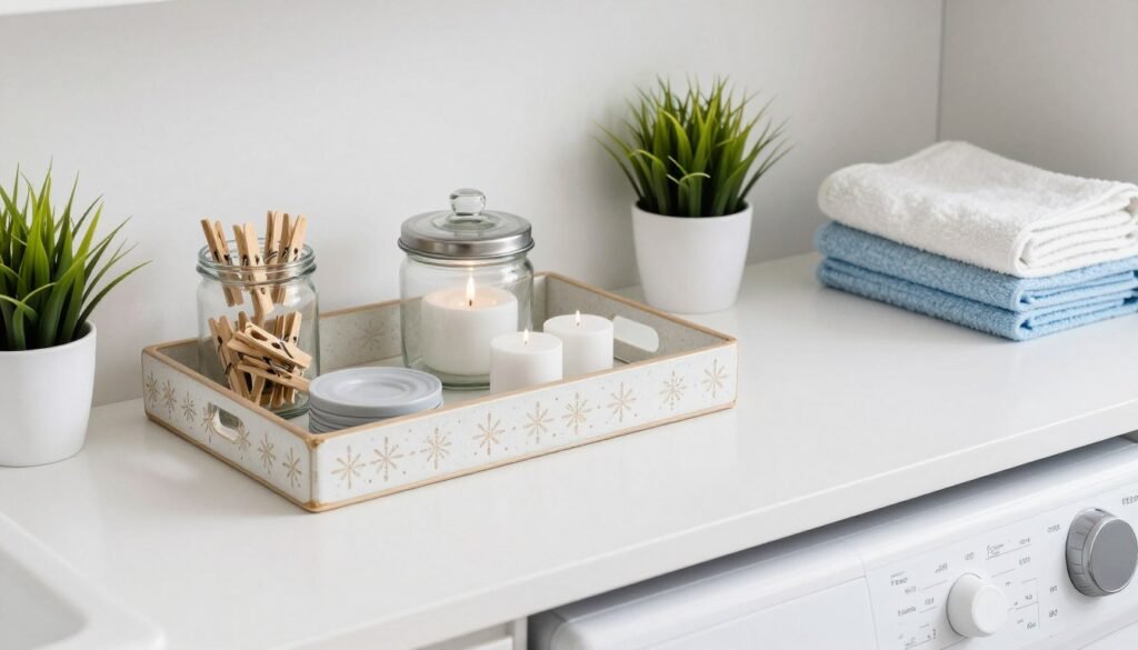 organized laundry room countertop with trays