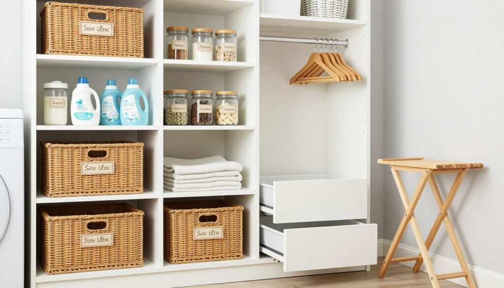 organized laundry room storage with labeled baskets and shelving organized laundry room storage with labeled baskets and shelving