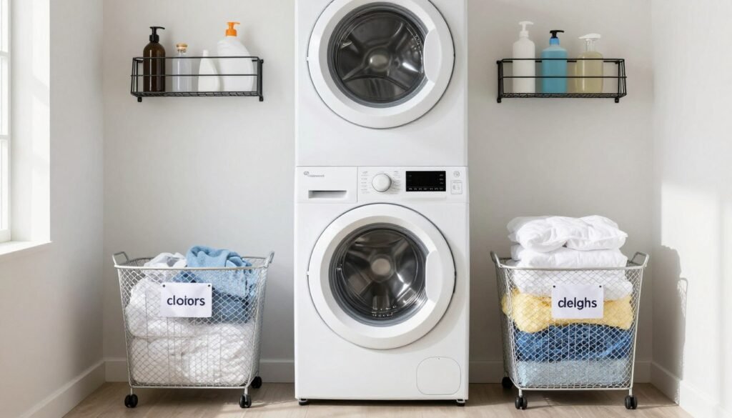 organized laundry room with labeled baskets and sorting system