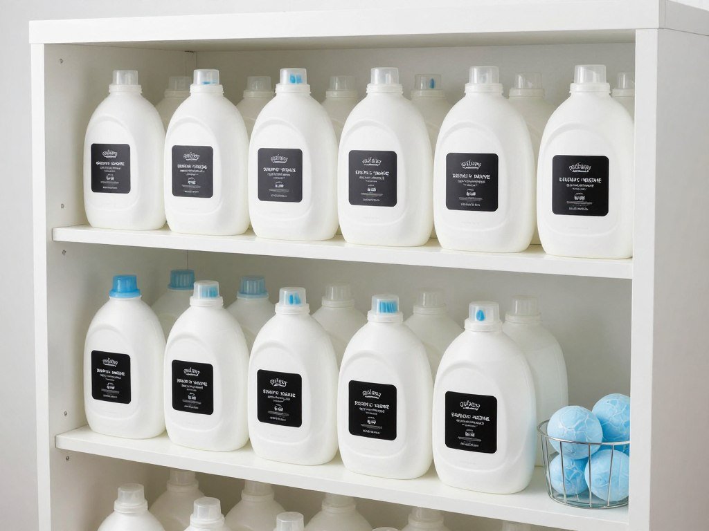 organized laundry supply station with labeled containers