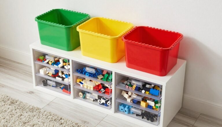 organized lego storage system with colorful bins and labeled drawers