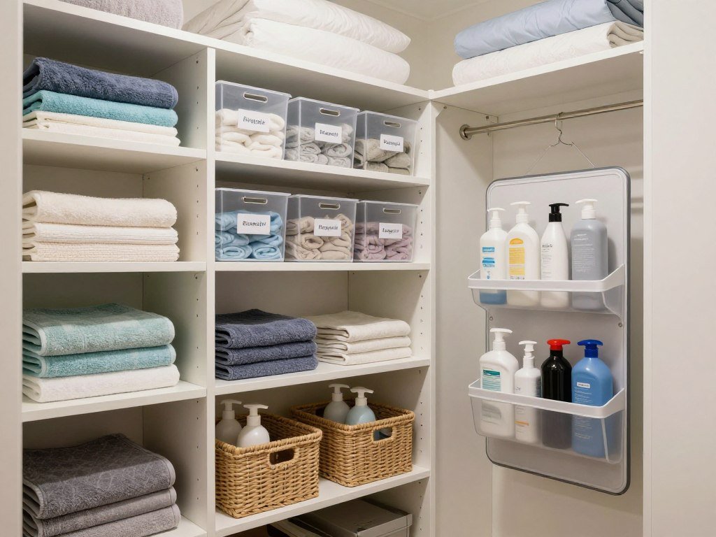 organized linen closet with labeled shelves and baskets