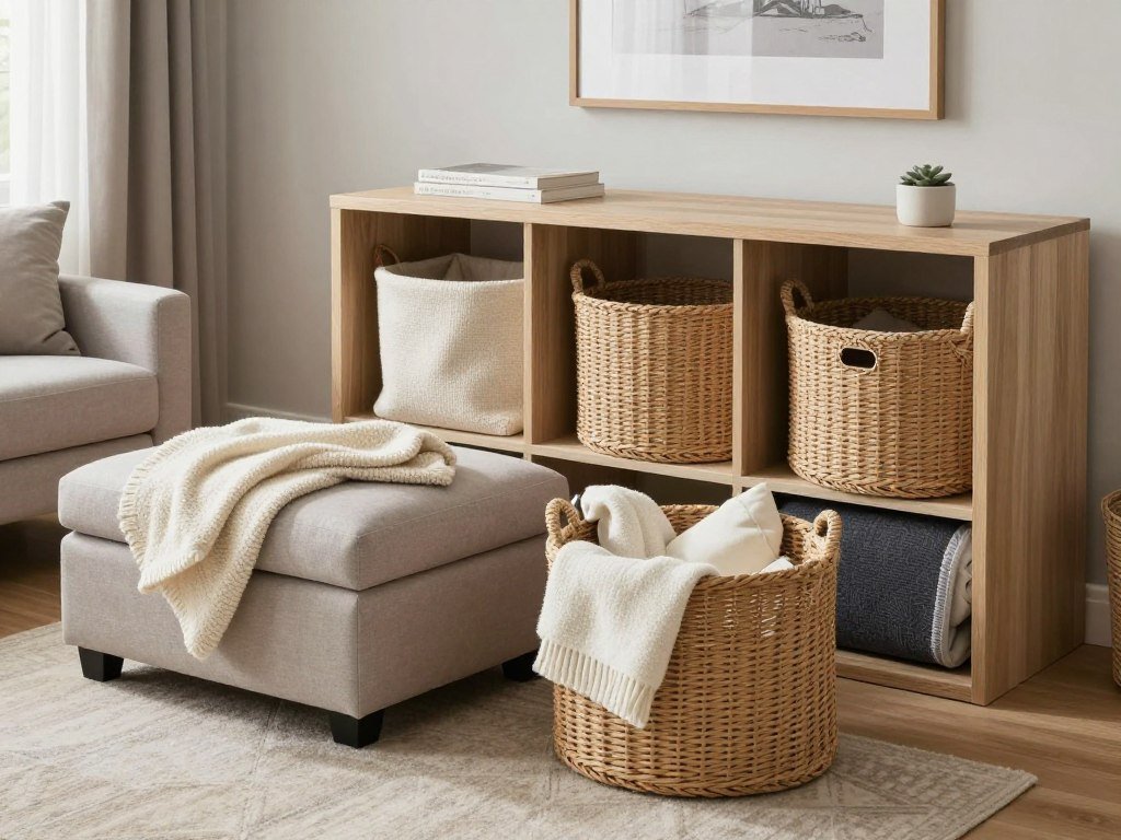 organized living room with multiple blanket storage solutions