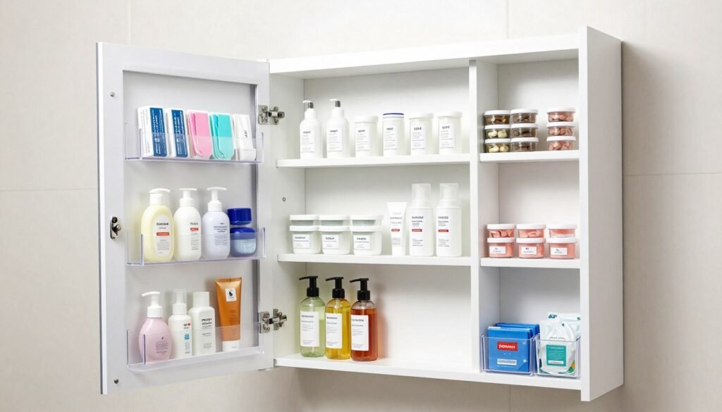 organized medicine cabinet with clear storage containers