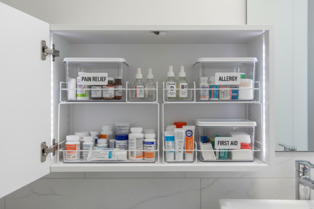 organized medicine cabinet with shelf risers and labeled containers