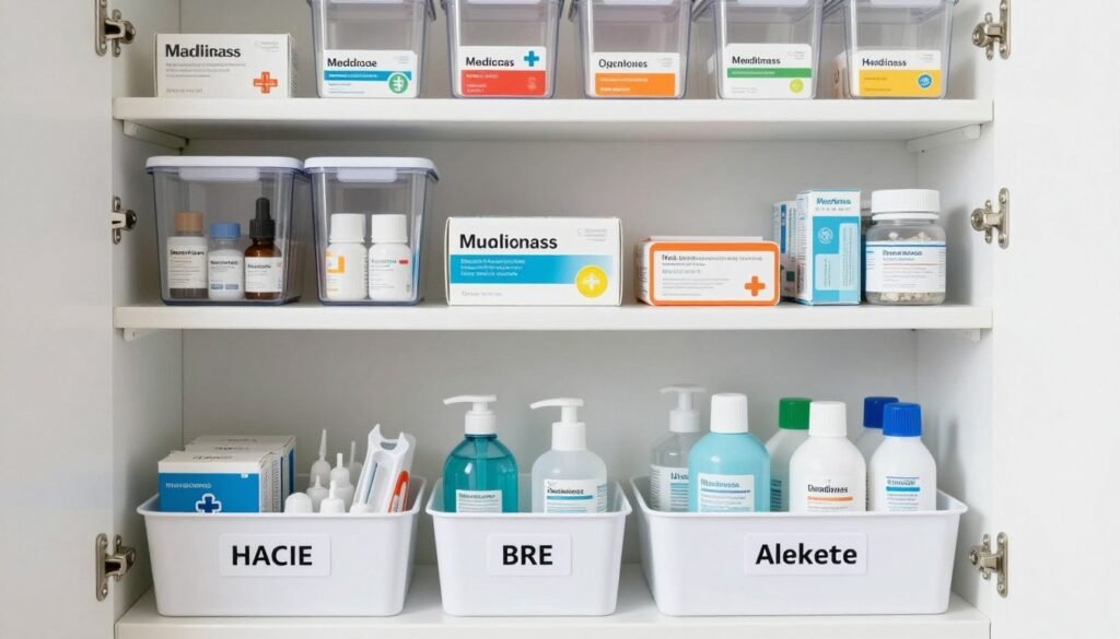 organized medicine cabinet with shelves and containers for bathroom storage