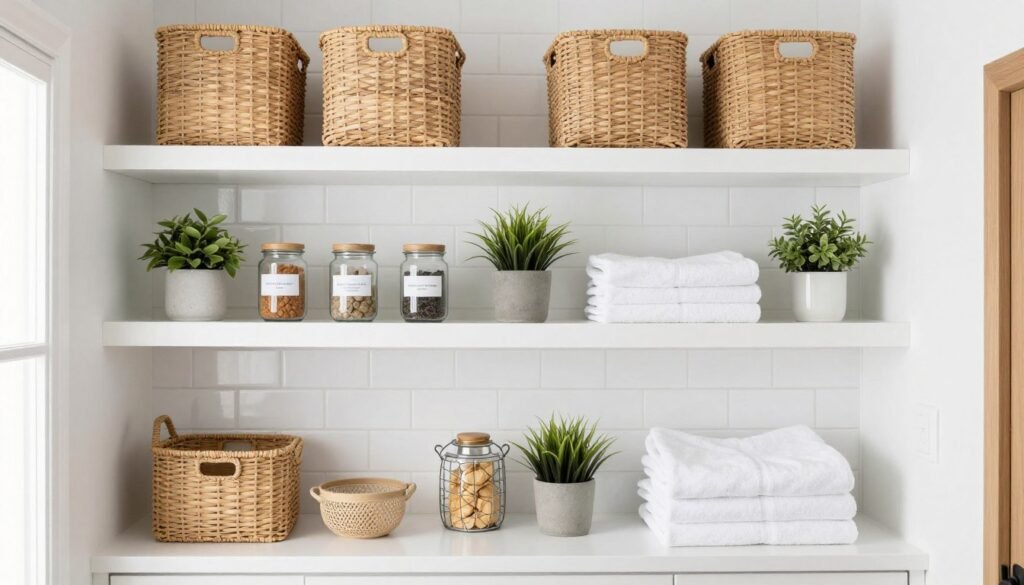 organized modern laundry room with labeled storage baskets and shelving