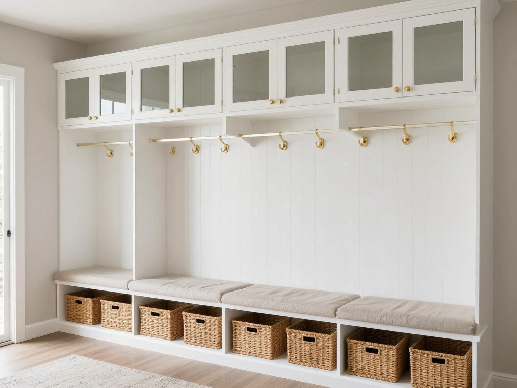 organized mudroom storage with cabinets and bench seating