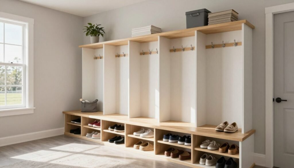 organized mudroom with built-in shoe storage and bench seating