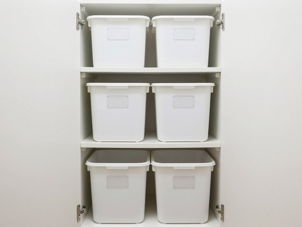 organized narrow laundry room with labeled containers