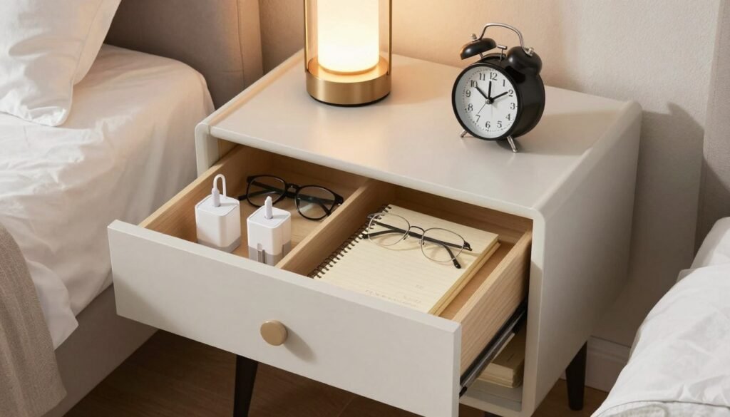 organized nightstand with drawer organizers and bedside essentials