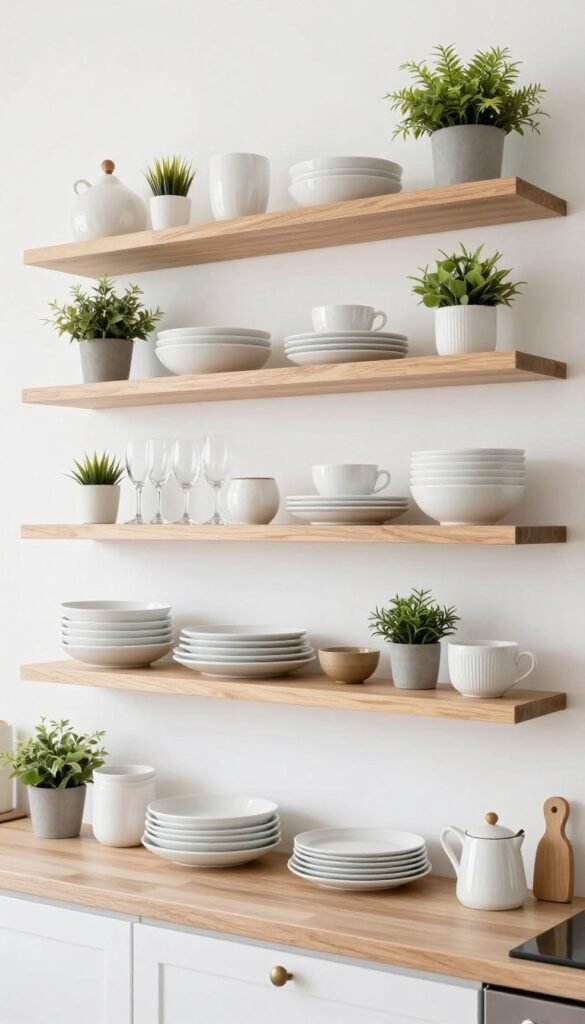 organized open kitchen shelving with dishes and decorative items