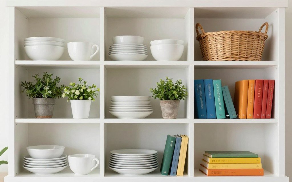 organized open shelving with color-coordinated items organized open shelving with color-coordinated items