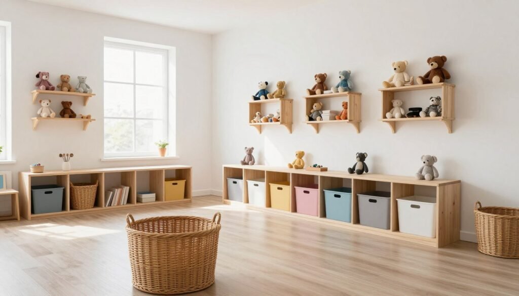 organized playroom with multiple stuffed animal storage options