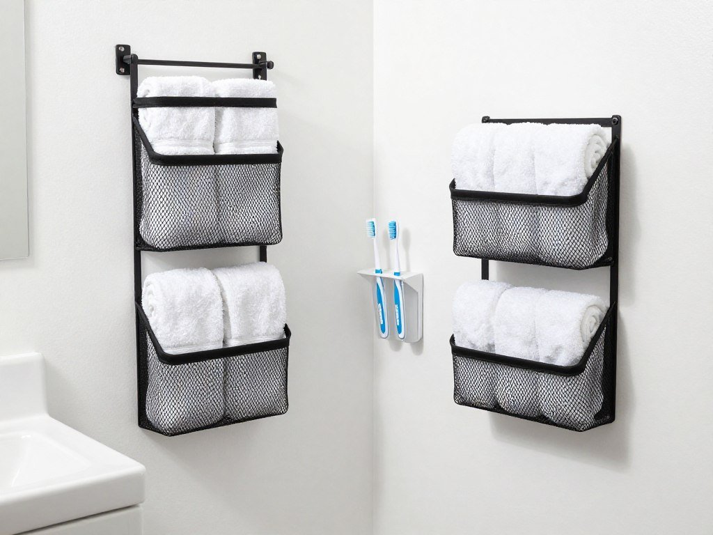 organized rv bathroom with hanging storage and shelving