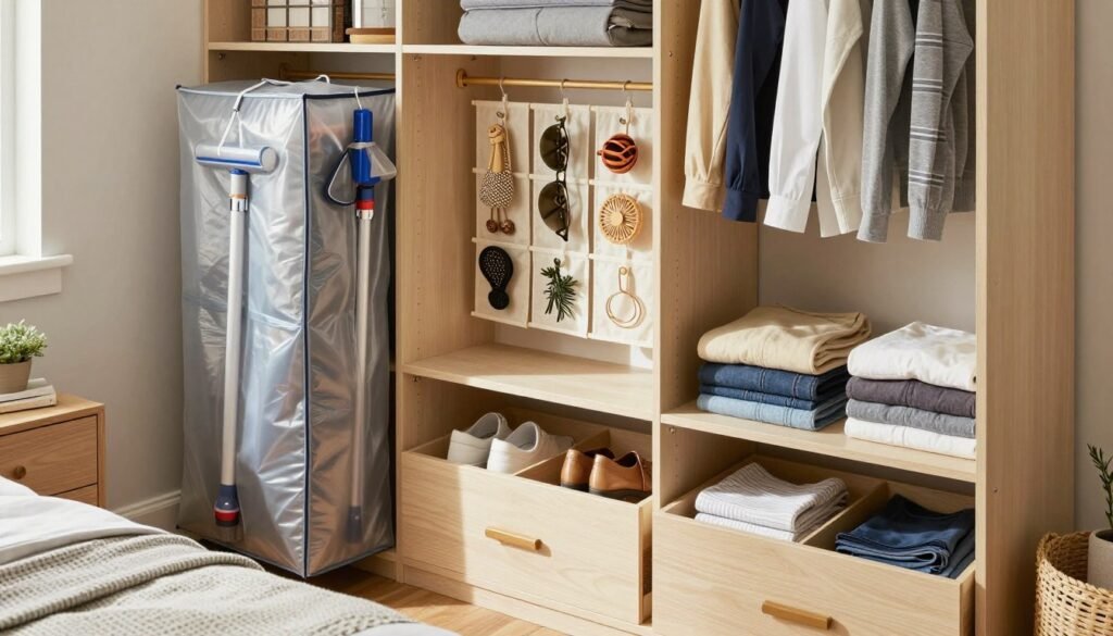 organized rv bedroom with clothing storage solutions