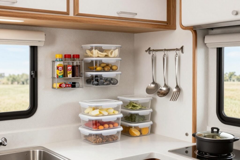 organized rv kitchen with storage containers and organizers