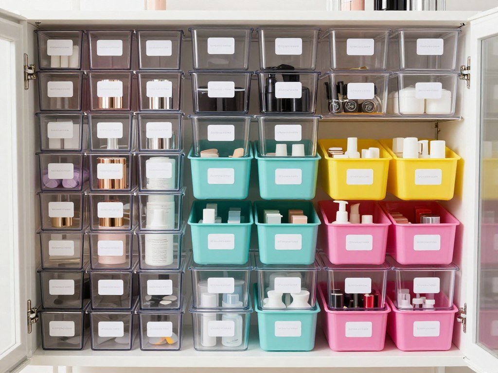 organized salon supply storage with labeled clear containers